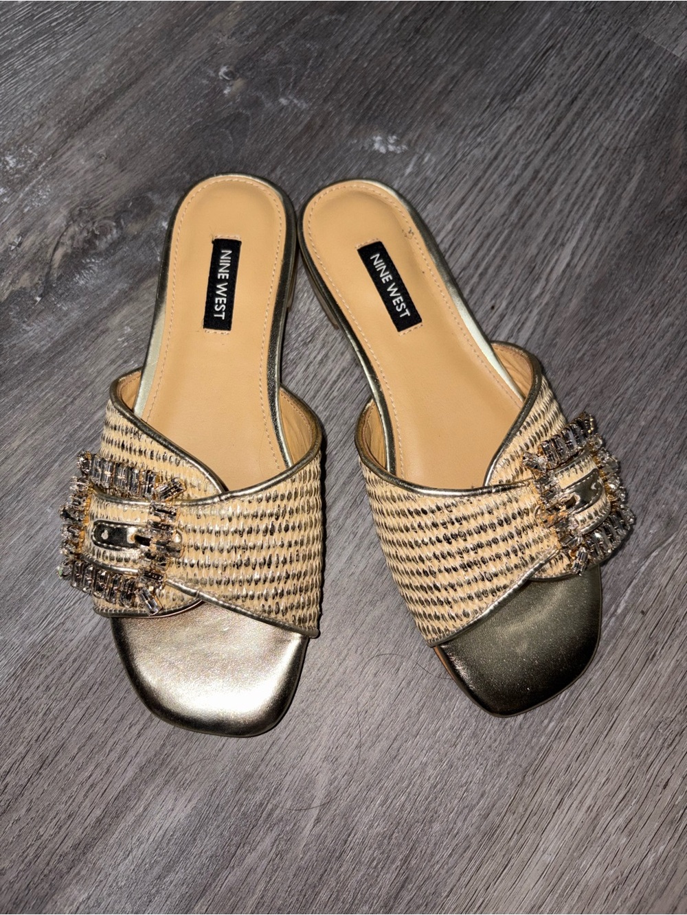 Nine West Metallic Gold and Beige Buckle Slide Mules